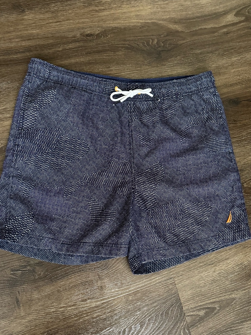 Nautica Navy Dot-Pattern Swim Trunks with White Drawstring
